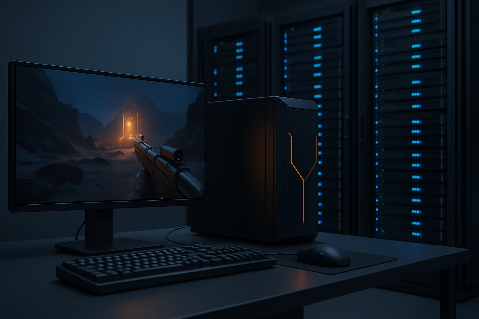 游戏服务器环境中的桌面场景，前景为带有机械键盘和高性能主机的游戏设备，背景为蓝色LED灯光闪烁的服务器机柜