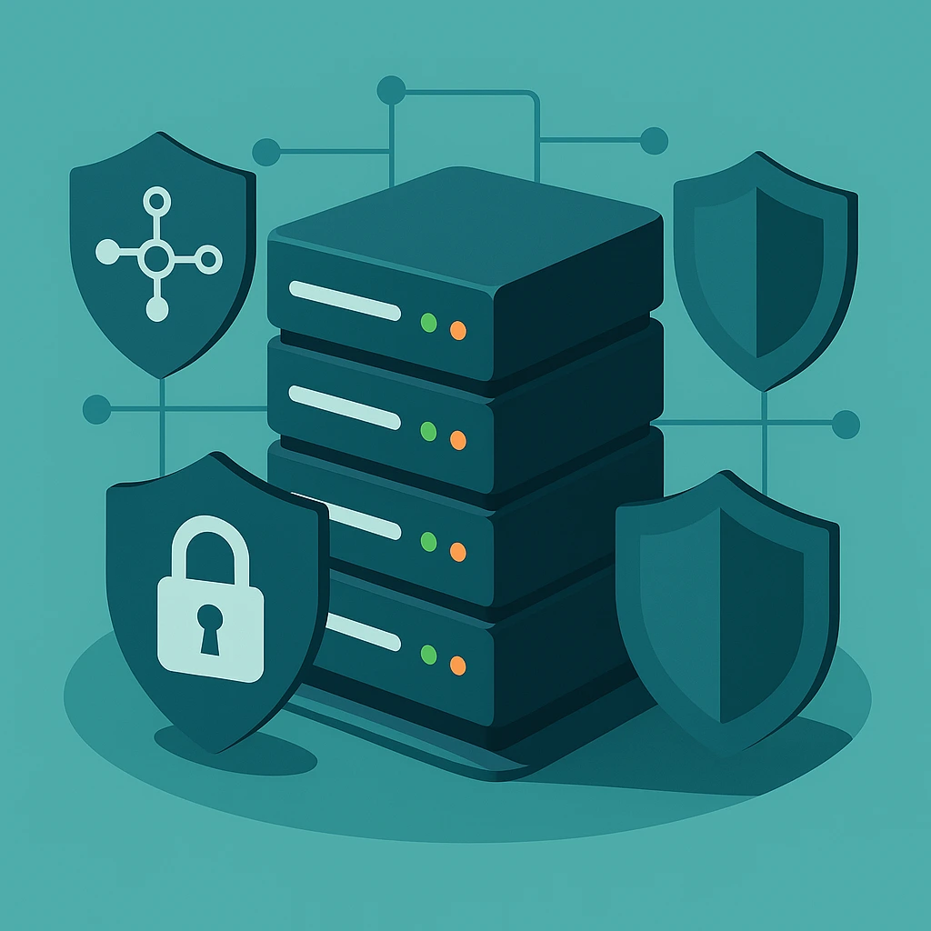 一组叠放的服务器设备被多个安全盾牌图标围绕，背景呈现连接节点的网络结构