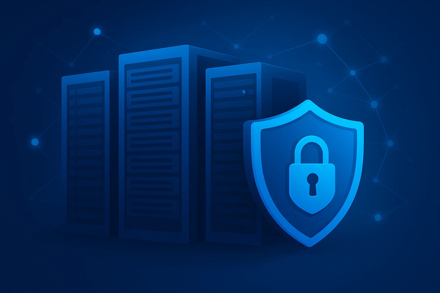 蓝色调背景中的服务器机柜与盾牌图标，周围有网络节点与连接线，表达数据保护概念