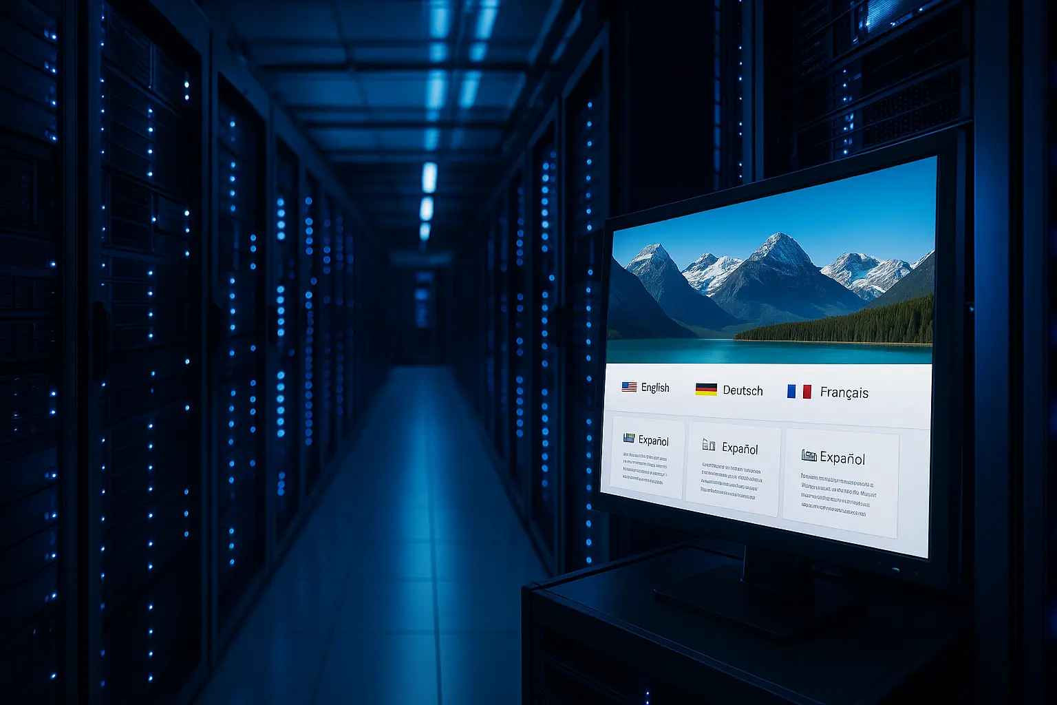 现代化数据中心内部,蓝色冷光映照整齐排列的服务器机柜,前方显示器上展示带有多语言选项的网站界面,象征Hostease香港VPS云主机支持多语言建站与国际加速。