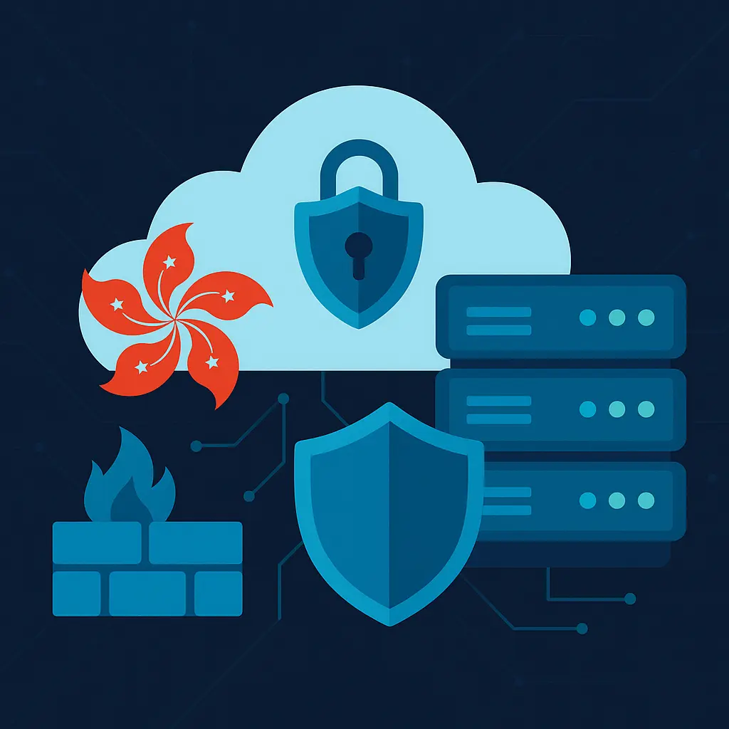 香港云主机安全防护插画,展示云端锁标志、盾牌、防火墙和服务器图标。