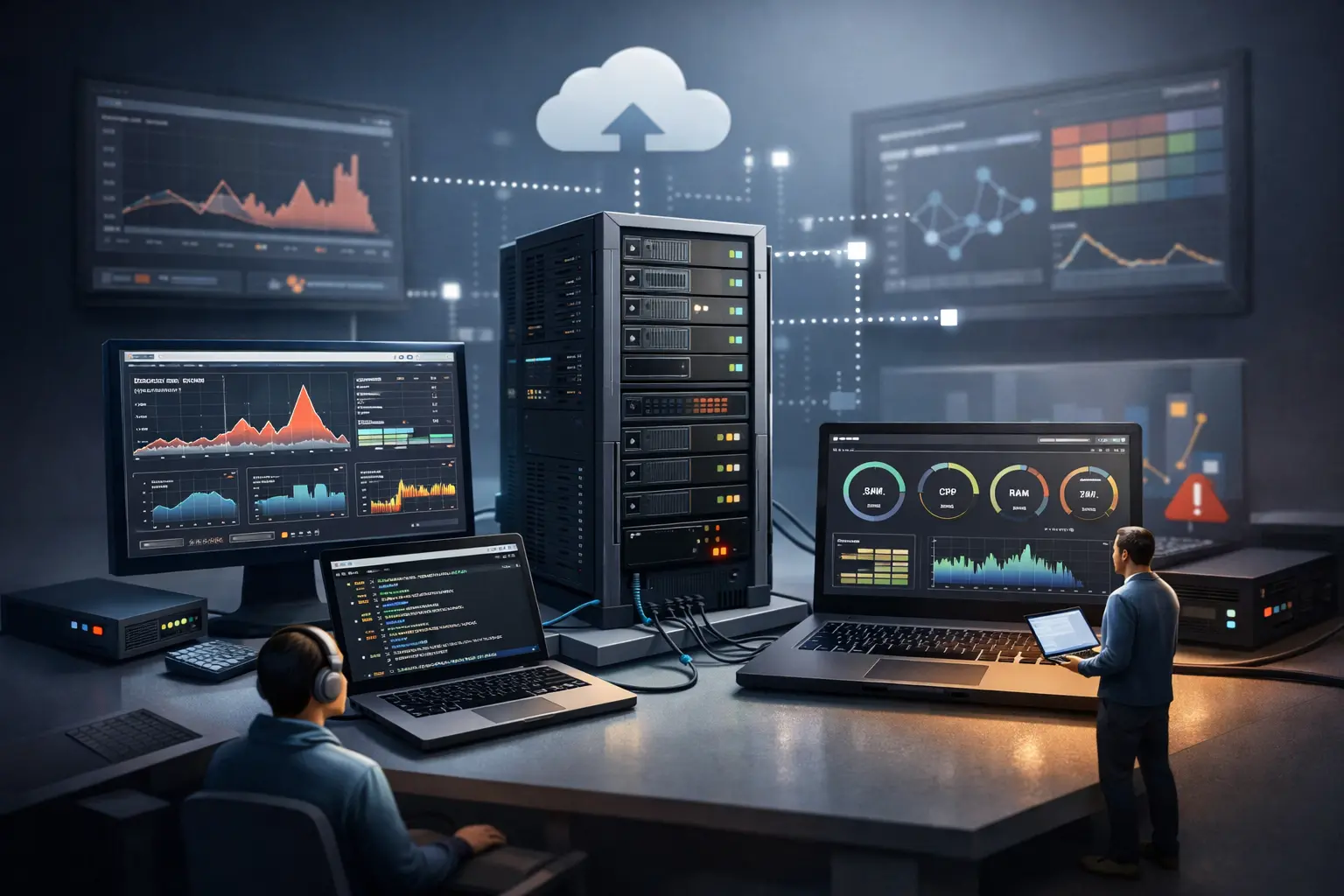 多台电脑和监控屏幕围绕一台机架式服务器，显示实时性能图表