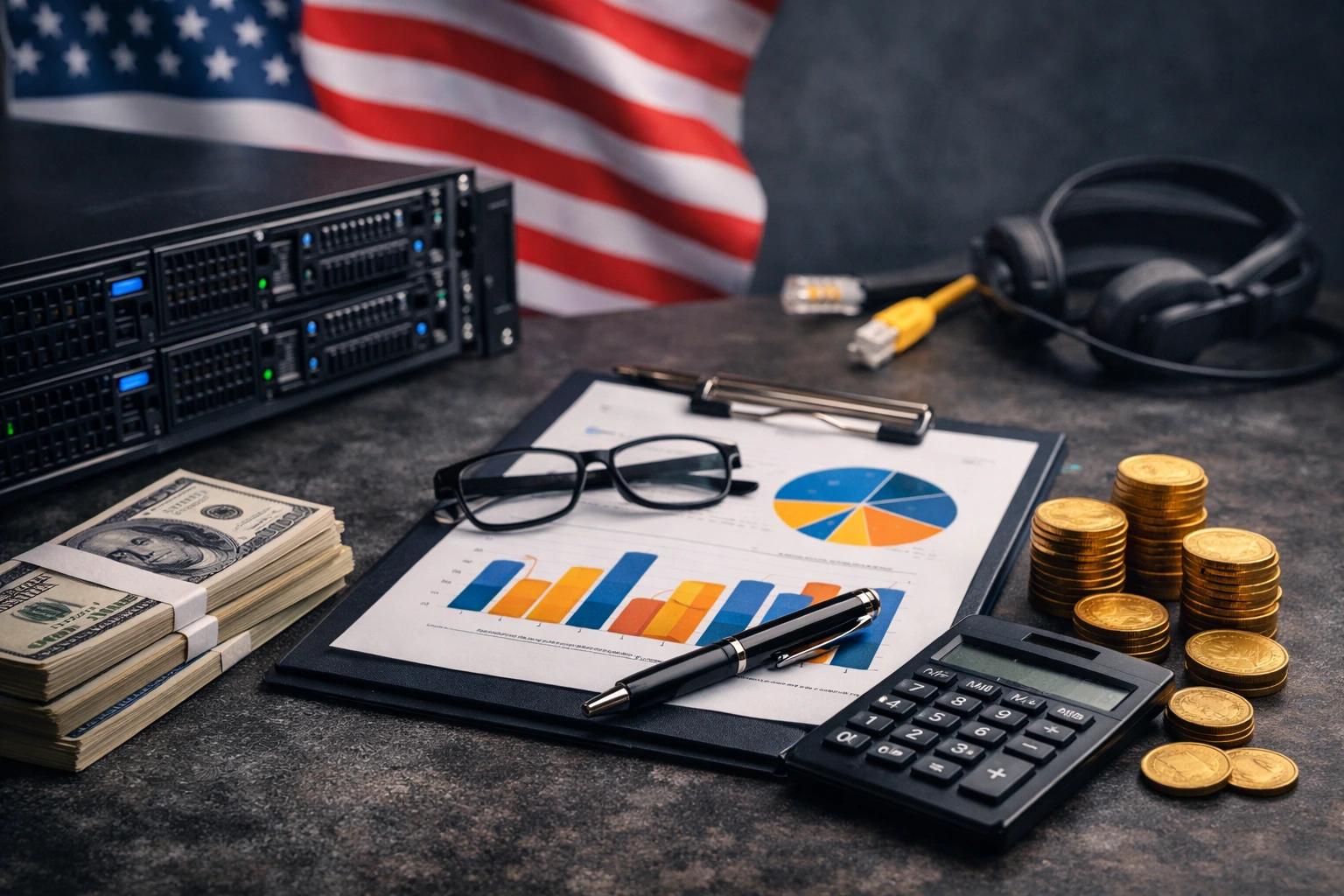桌面上放置着服务器、统计图表、计算器、美元钞票和金币