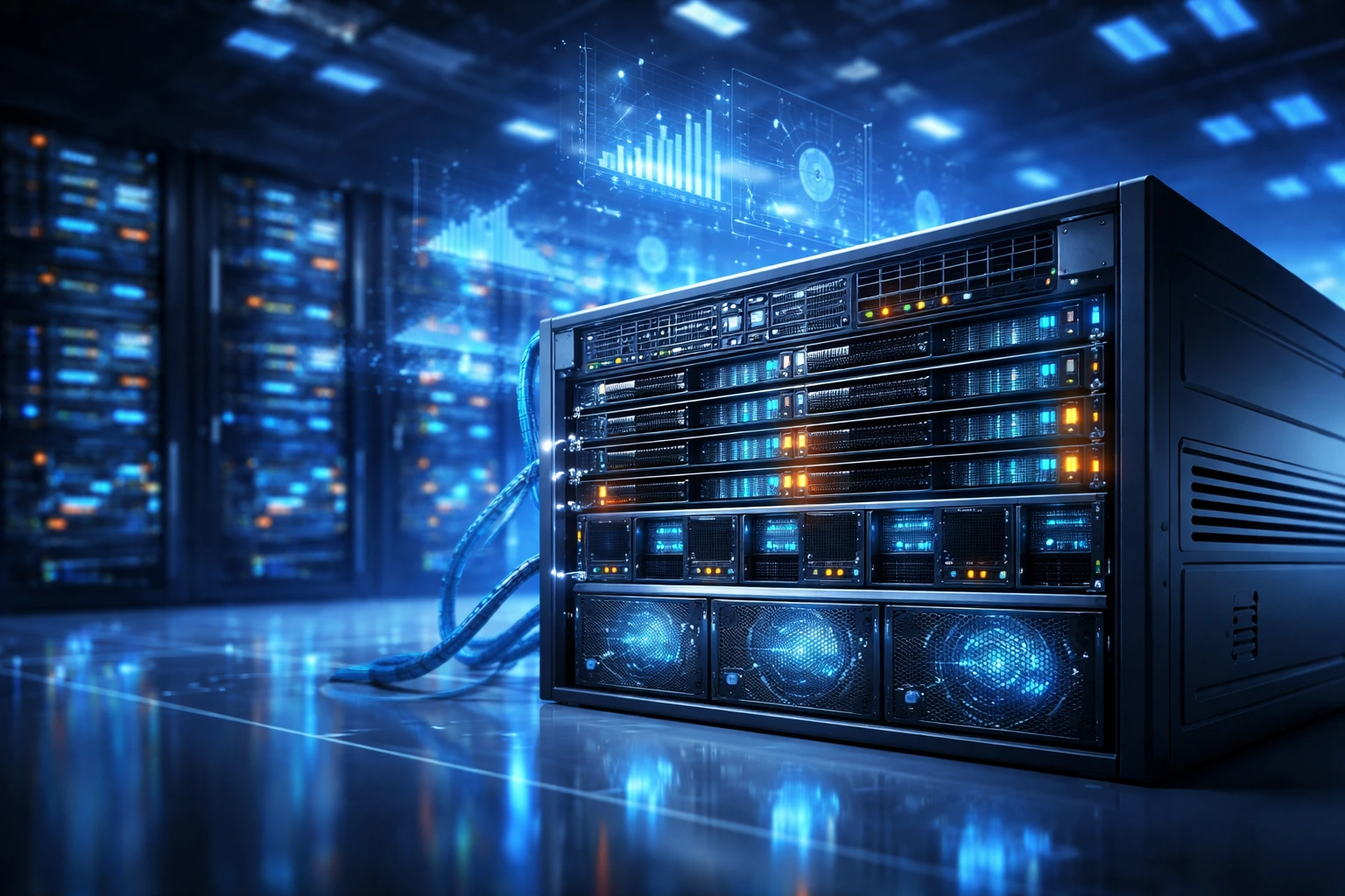 一组发出蓝色光芒的数据中心服务器，前景为特写机架，背景为多个闪烁的服务器机柜。
