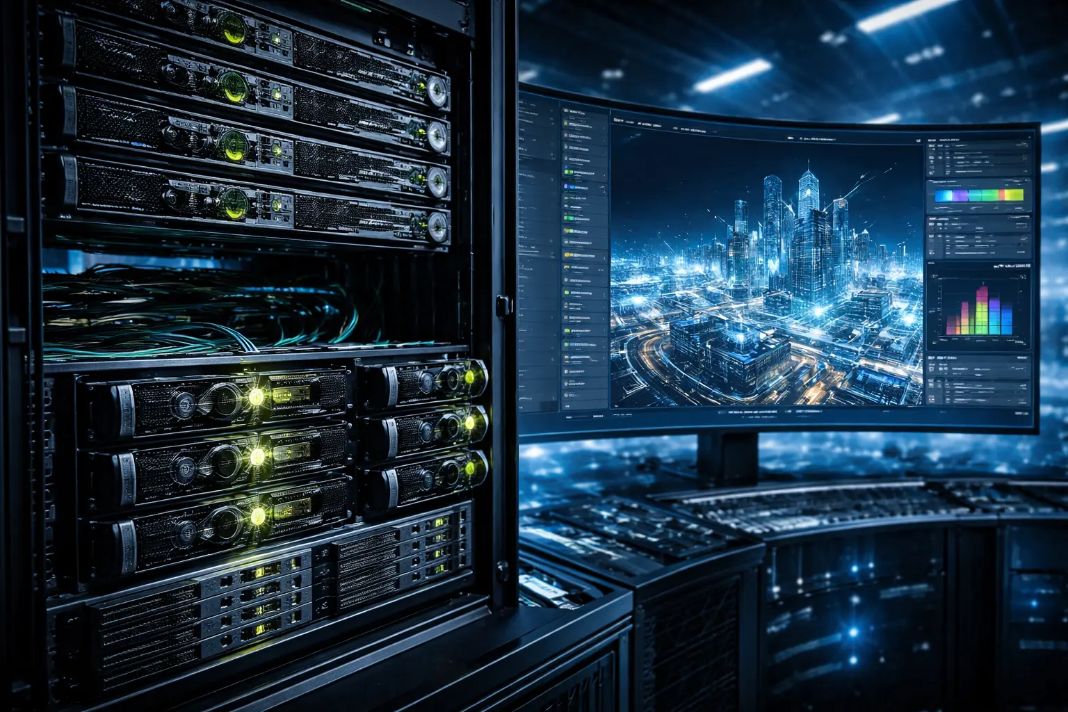 服务器机柜与显示大型城市渲染图像的曲面屏幕