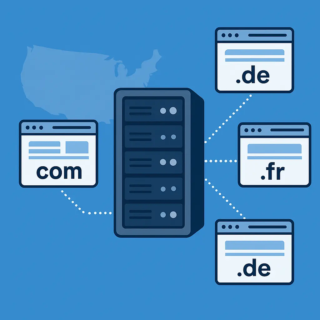 多个网页图标通过虚线连接到中央服务器机架的示意图