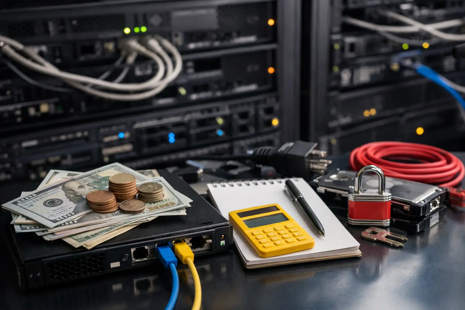 一叠美元和硬币放置在一台小型服务器上，旁边有笔记本、计算器、电源插头、硬盘和网络线缆，背景为数据中心机柜