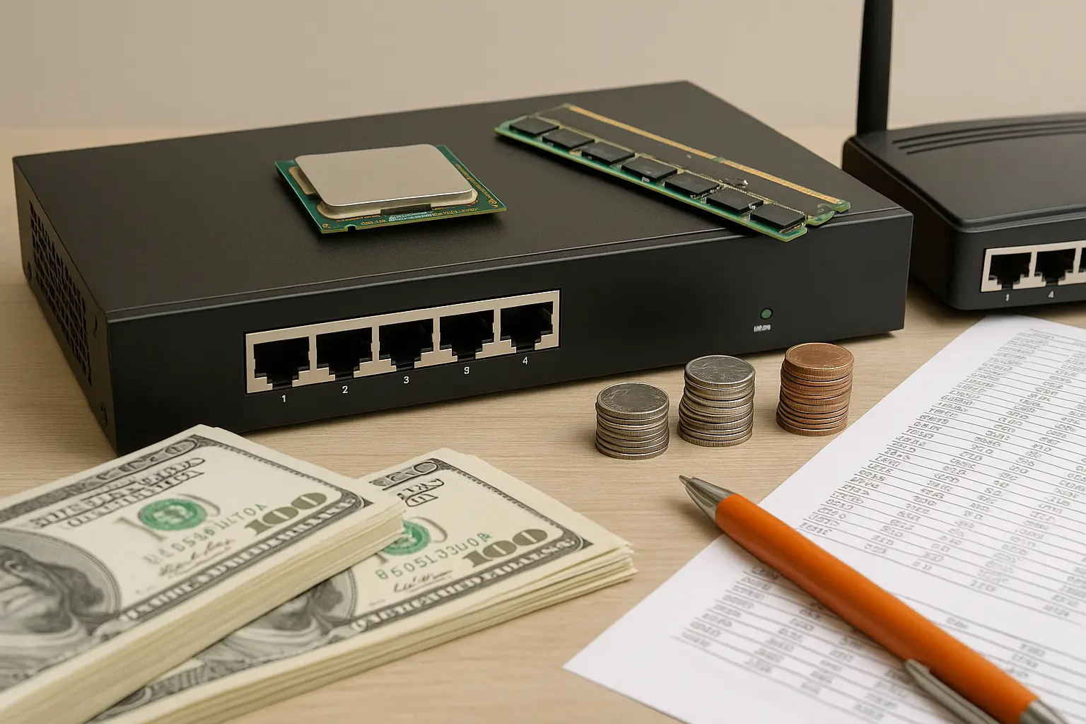 网络交换机与美元钞票、硬币、服务器配件一同摆放在桌面上