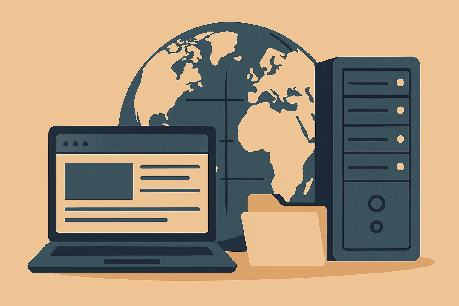 一台笔记本电脑、一个地球图形和一台服务器并排放置，展示在平面插画风格下