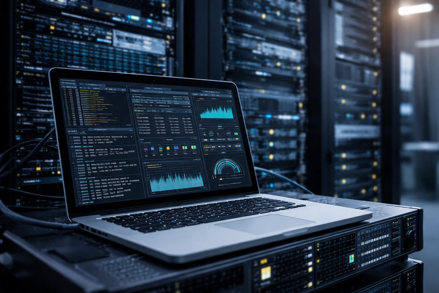 一台笔记本电脑放置在服务器机架上，屏幕显示多项性能监控图表和系统数据