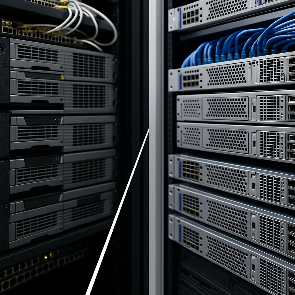 两组风格不同的数据中心服务器机柜并排放置，环境整洁现代