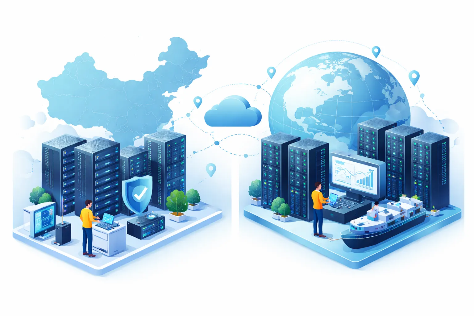 一幅对比国内与国外服务器环境的等距插画