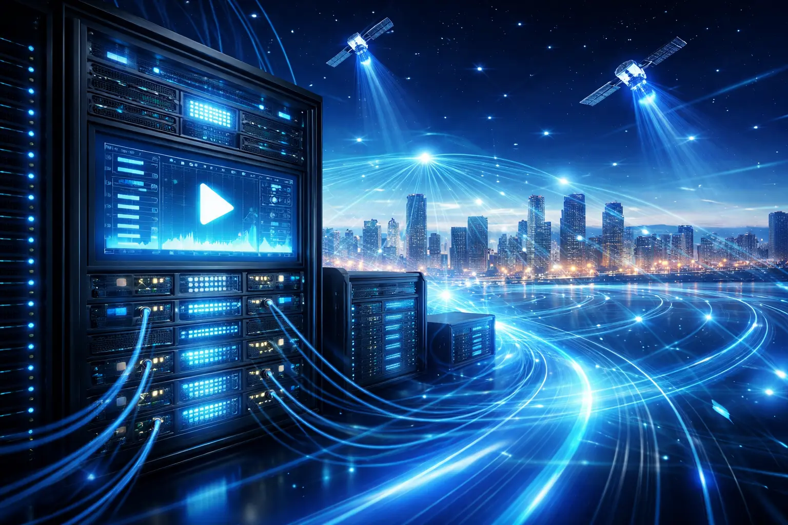 一组发出蓝光的数据服务器与连接线，背景为城市夜景与天空中两颗卫星