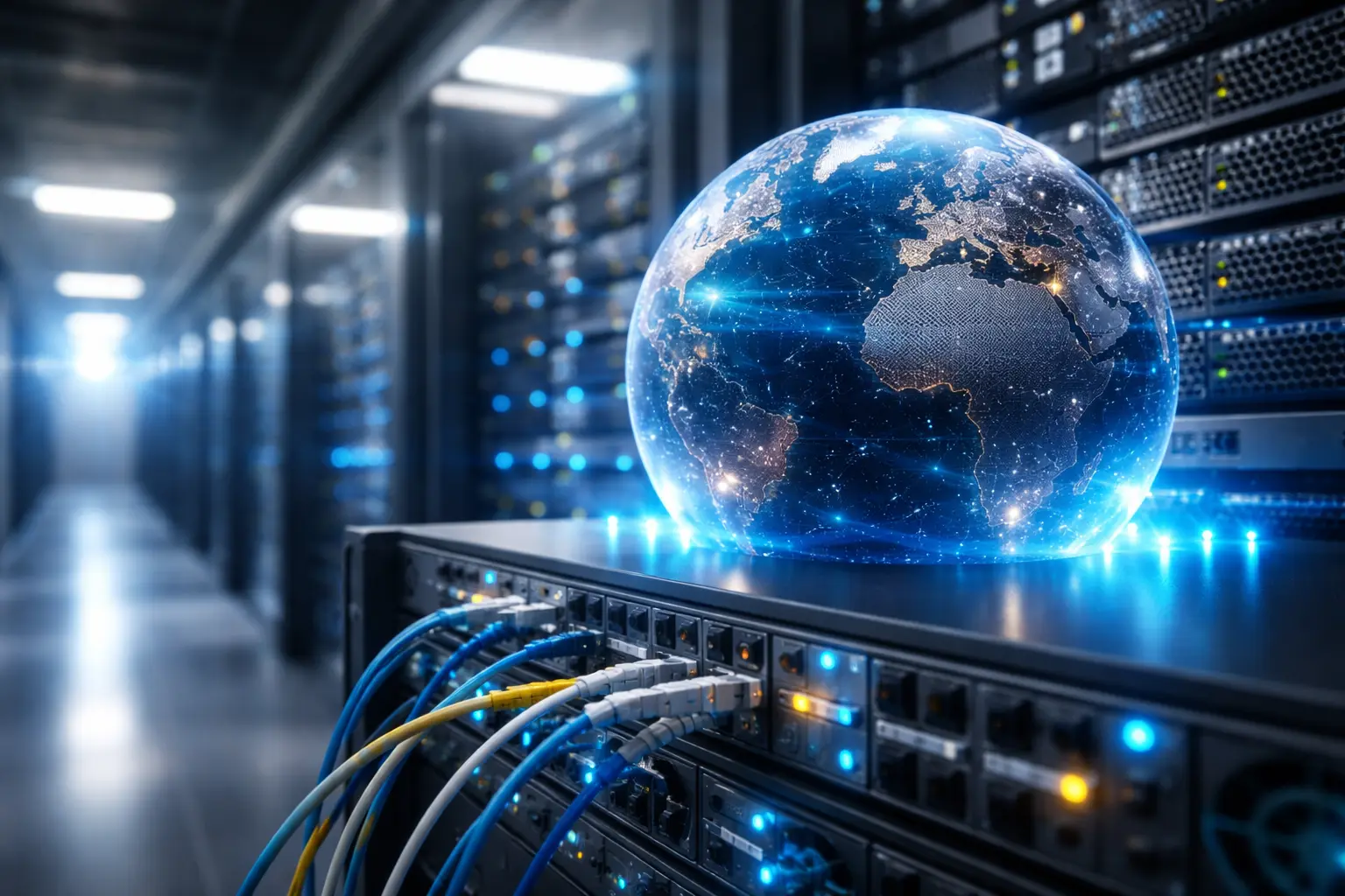 数据中心机房中，一台服务器上放置着一颗发光的地球模型，前景为插满蓝色和黄色网线的网络交换设备。