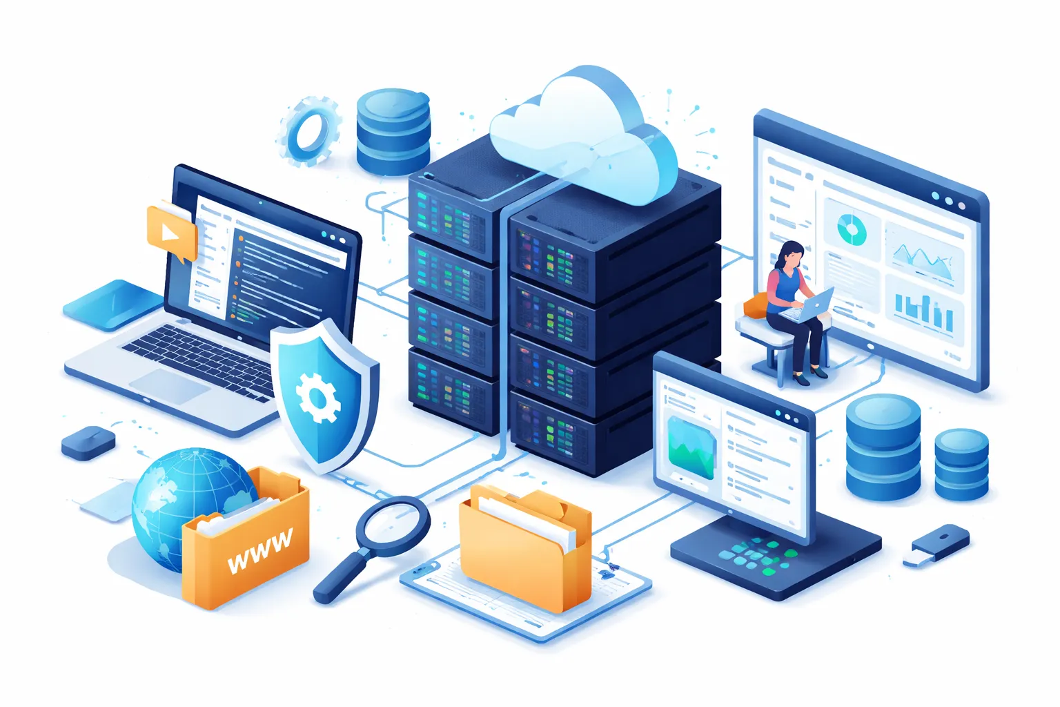 多台服务器与笔记本、数据库图标、云端连接、文件夹及控制面板组成的网络环境插画