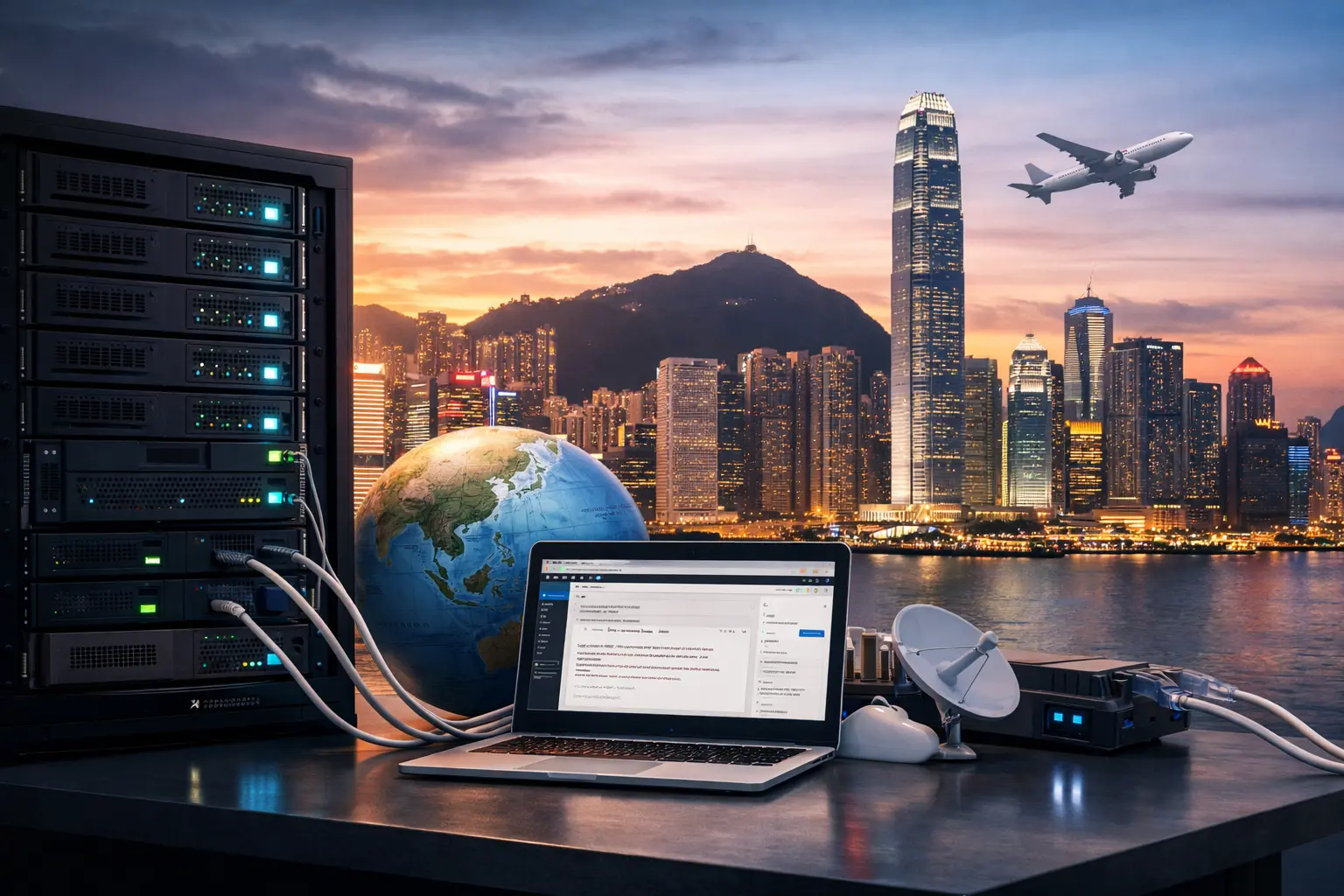 服务器机柜、笔记本电脑和地球仪置于办公桌上，背景为香港城市天际线和飞行中的飞机。