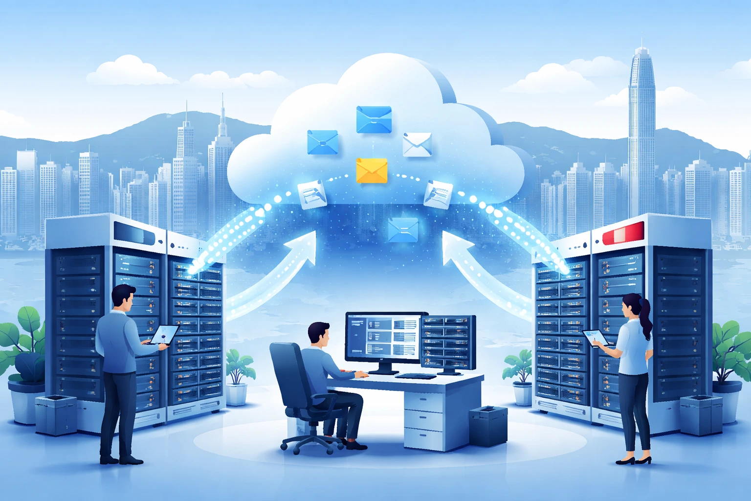 三位IT人员在两组服务器之间通过云端图标进行数据迁移操作，背景为香港城市天际线。