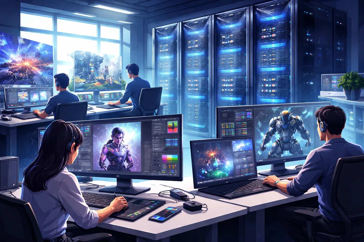 多人在现代化办公环境中使用计算机进行图形创作，背景为多组蓝色灯光GPU服务器机架。