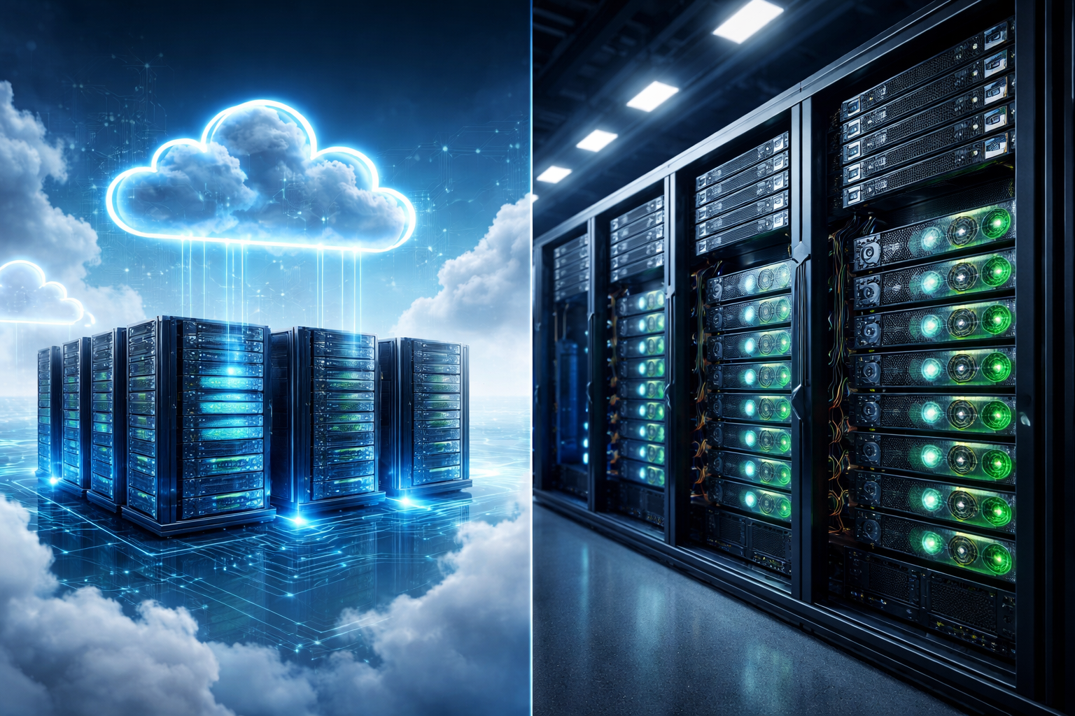 一组数据服务器被分为左右两部分，左侧位于云端环境中，右侧位于数据中心机房内。