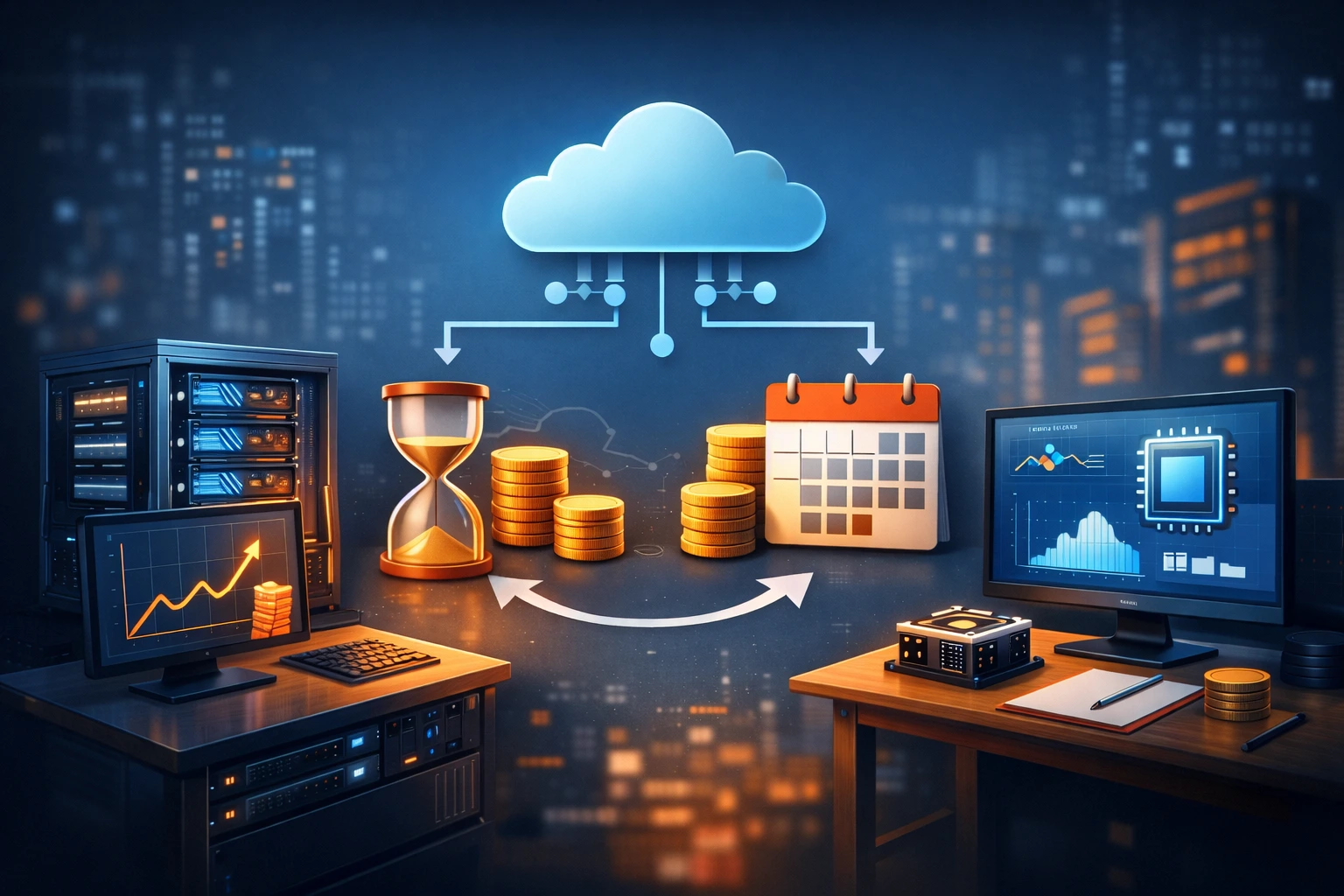 显示多个GPU服务器、计费时间沙漏、金币堆叠、日历图标与云端图示的科技风插画