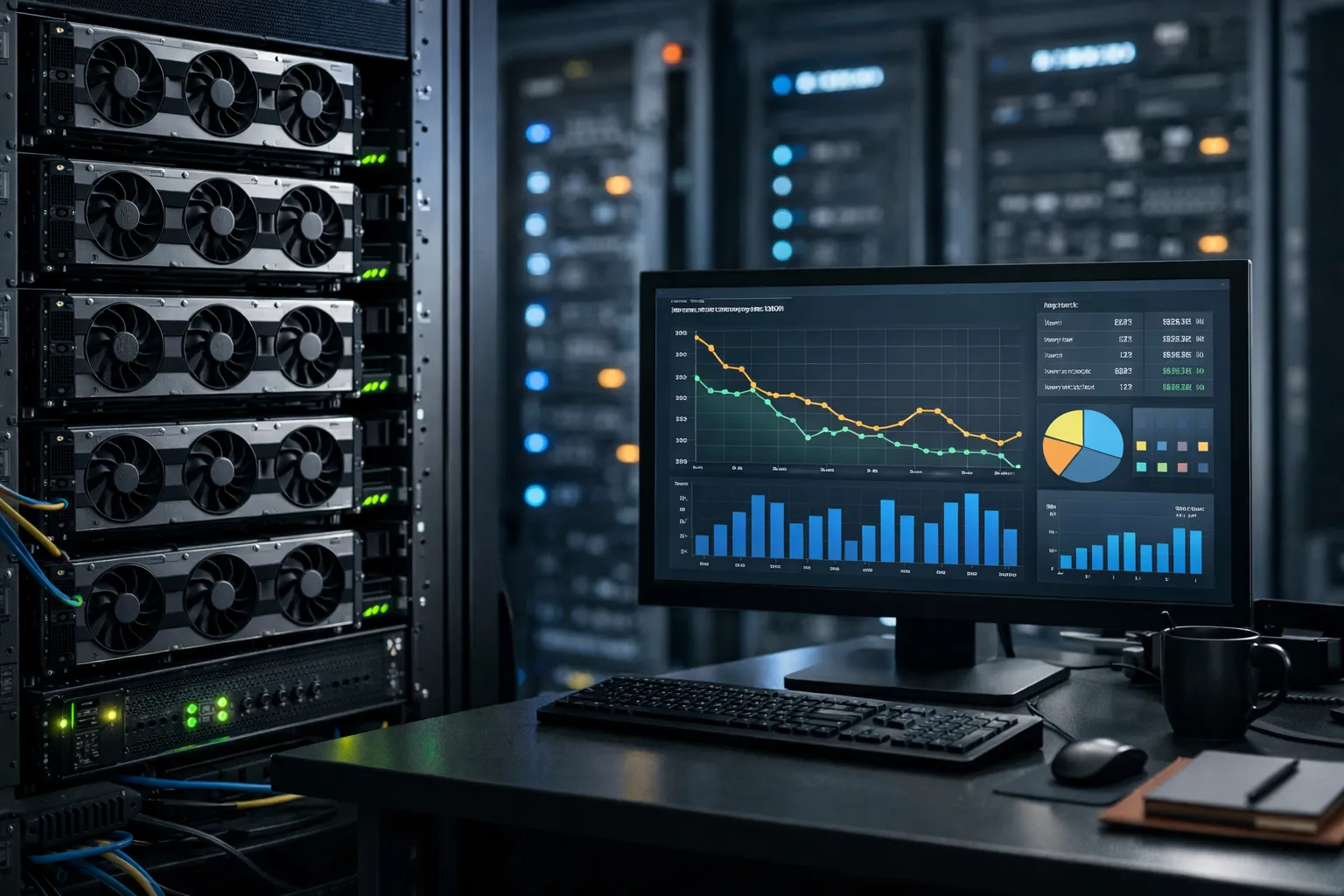 数据中心内，一组GPU服务器与显示云计算成本图表的电脑屏幕