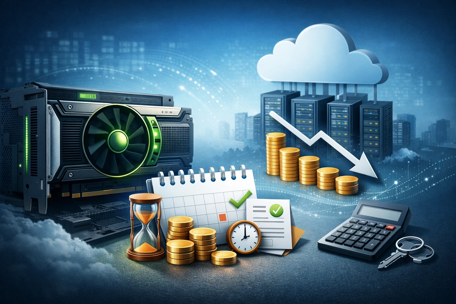 GPU硬件与云服务器背景下的节省成本图示，包含硬币、下降箭头、计算器等图像元素