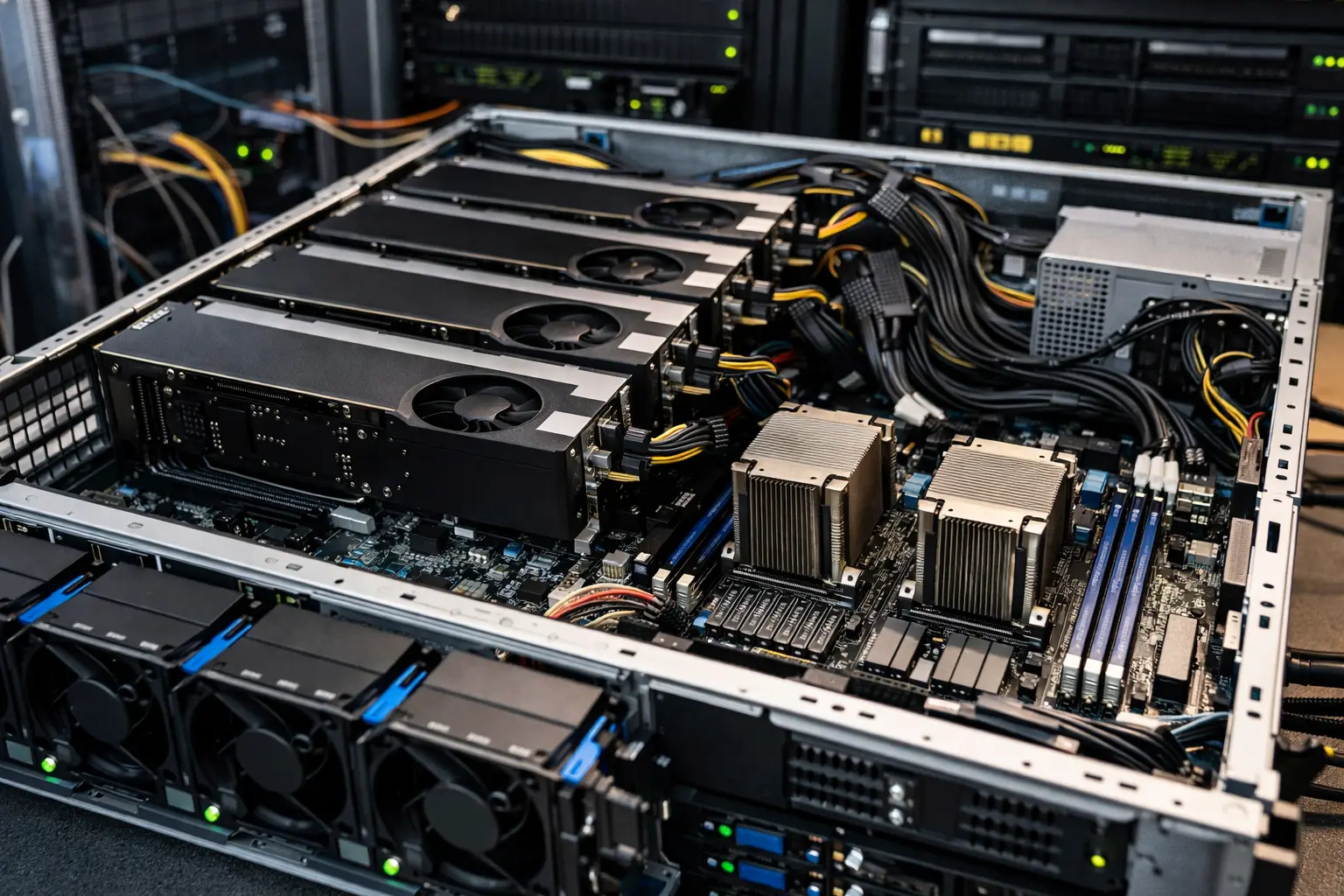 开放式机架服务器内部结构，包含多个GPU、双CPU、内存条和线缆