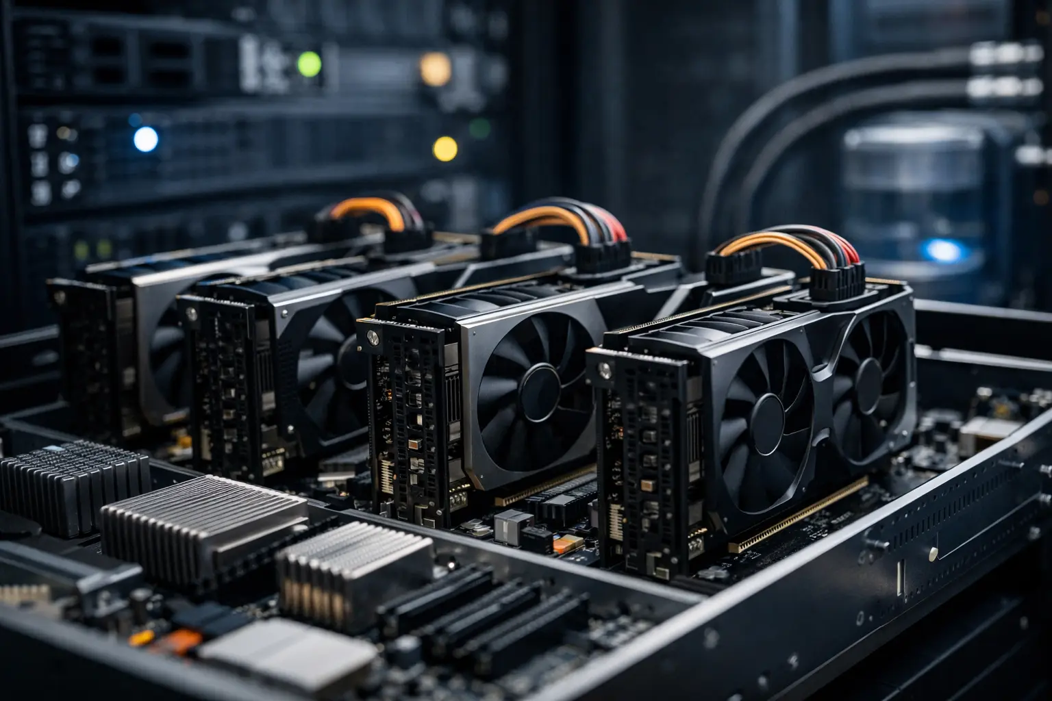 多张安装在主板上的高性能显卡，位于数据中心环境中