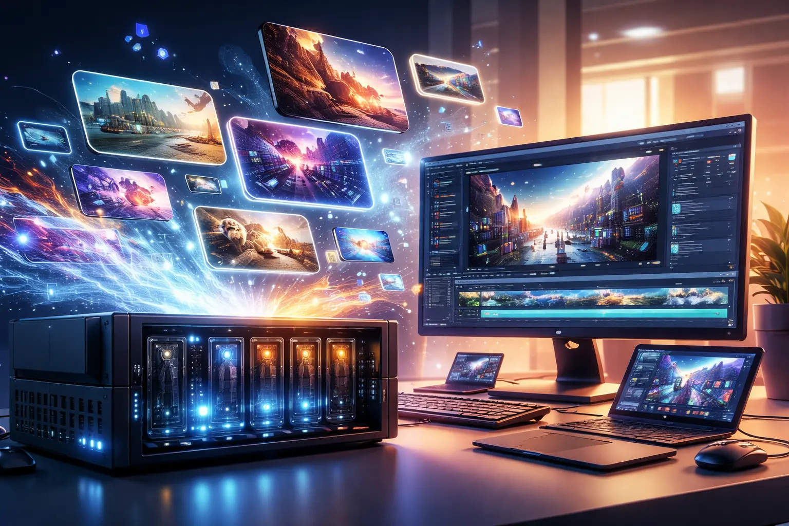 多个显示图像的GPU服务器与工作站设备并列，展现图形处理过程