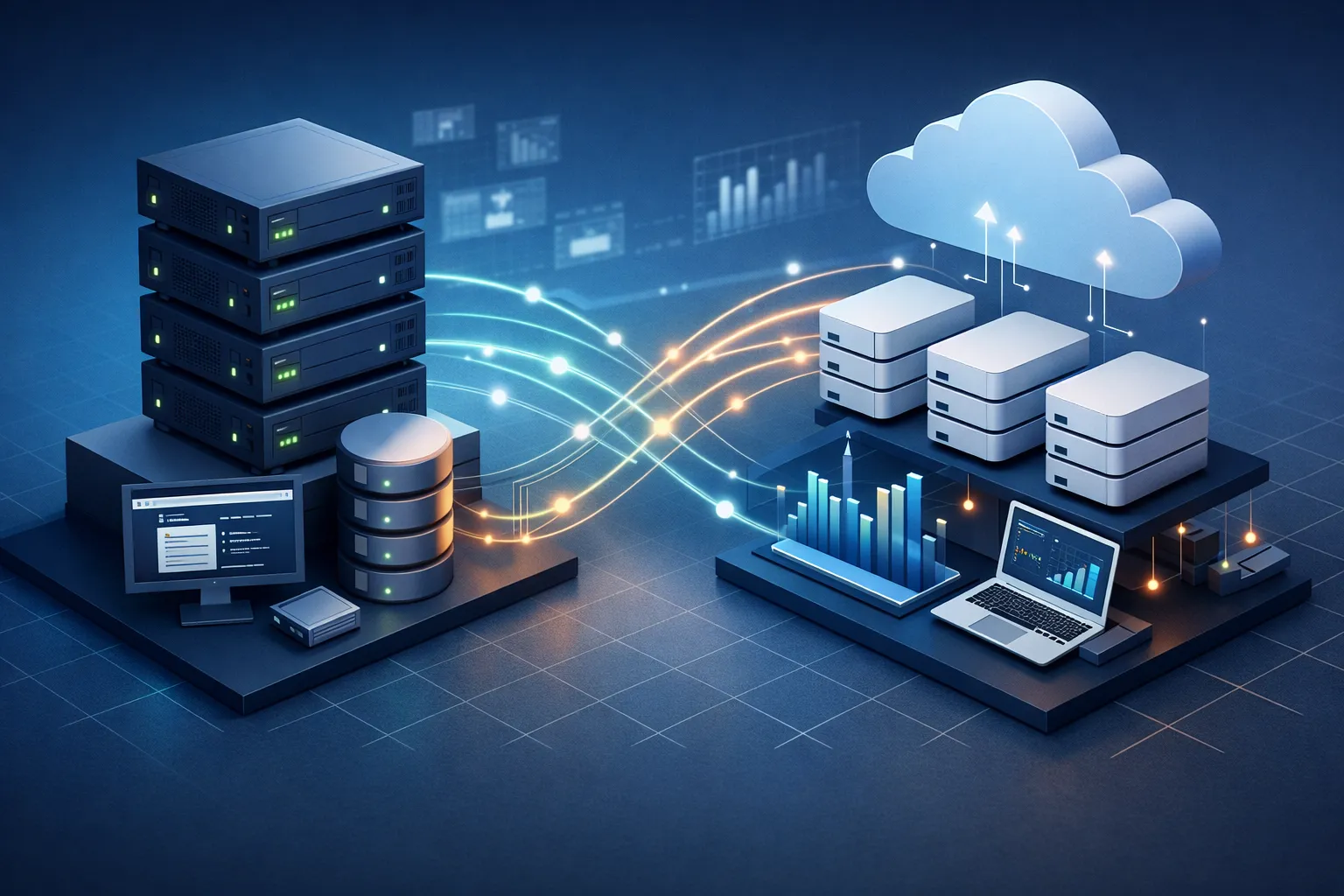 VPS服务器与云主机通过数据线连接的数字化3D图示