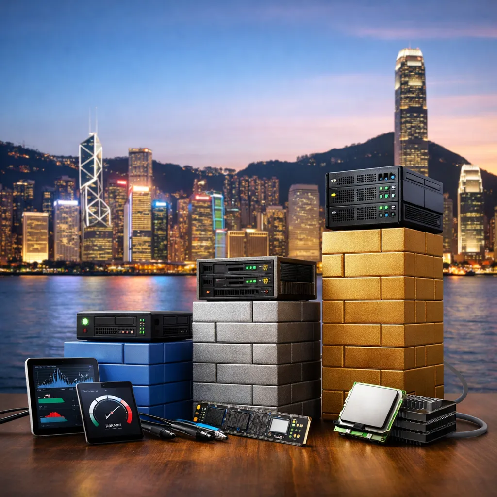 三组不同颜色的服务器设备分别堆叠在蓝色、银色和金色砖块上，背景为夜色下的香港城市天际线