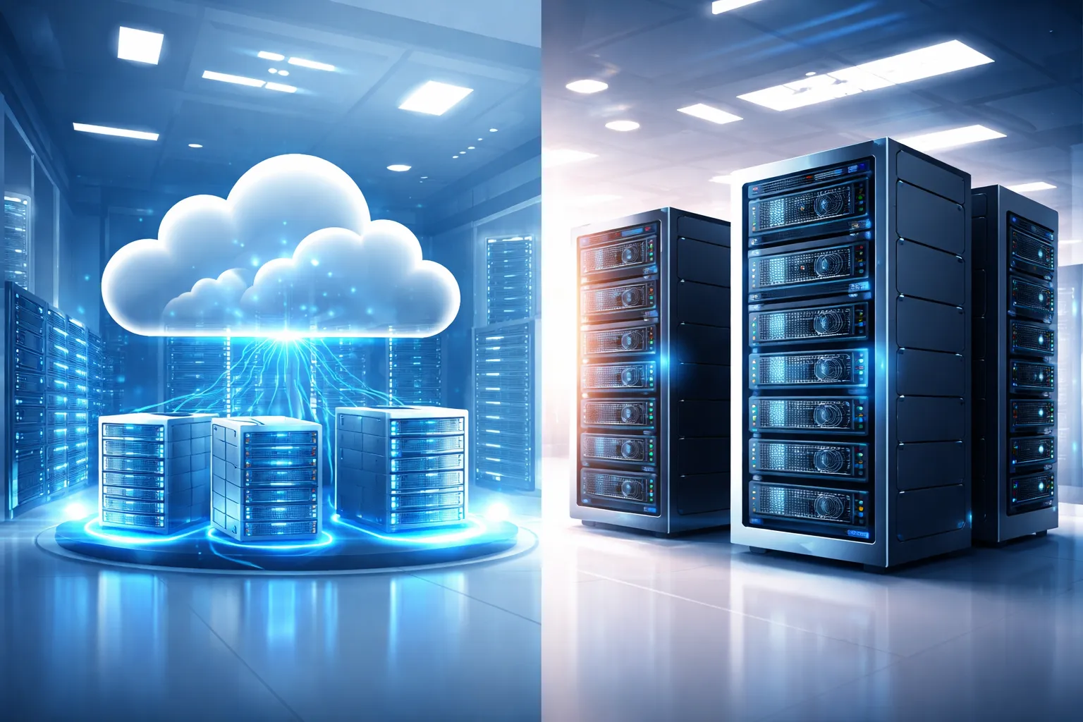 一张对比云服务器与VPS服务器的数据中心场景图