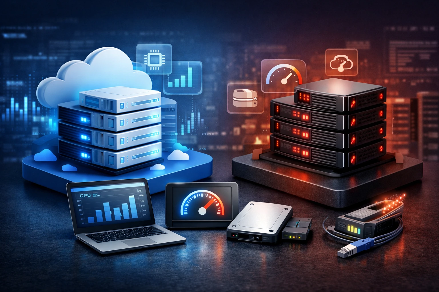 一张展示云主机与VPS服务器对比的3D图像，配有性能测试图标和设备。