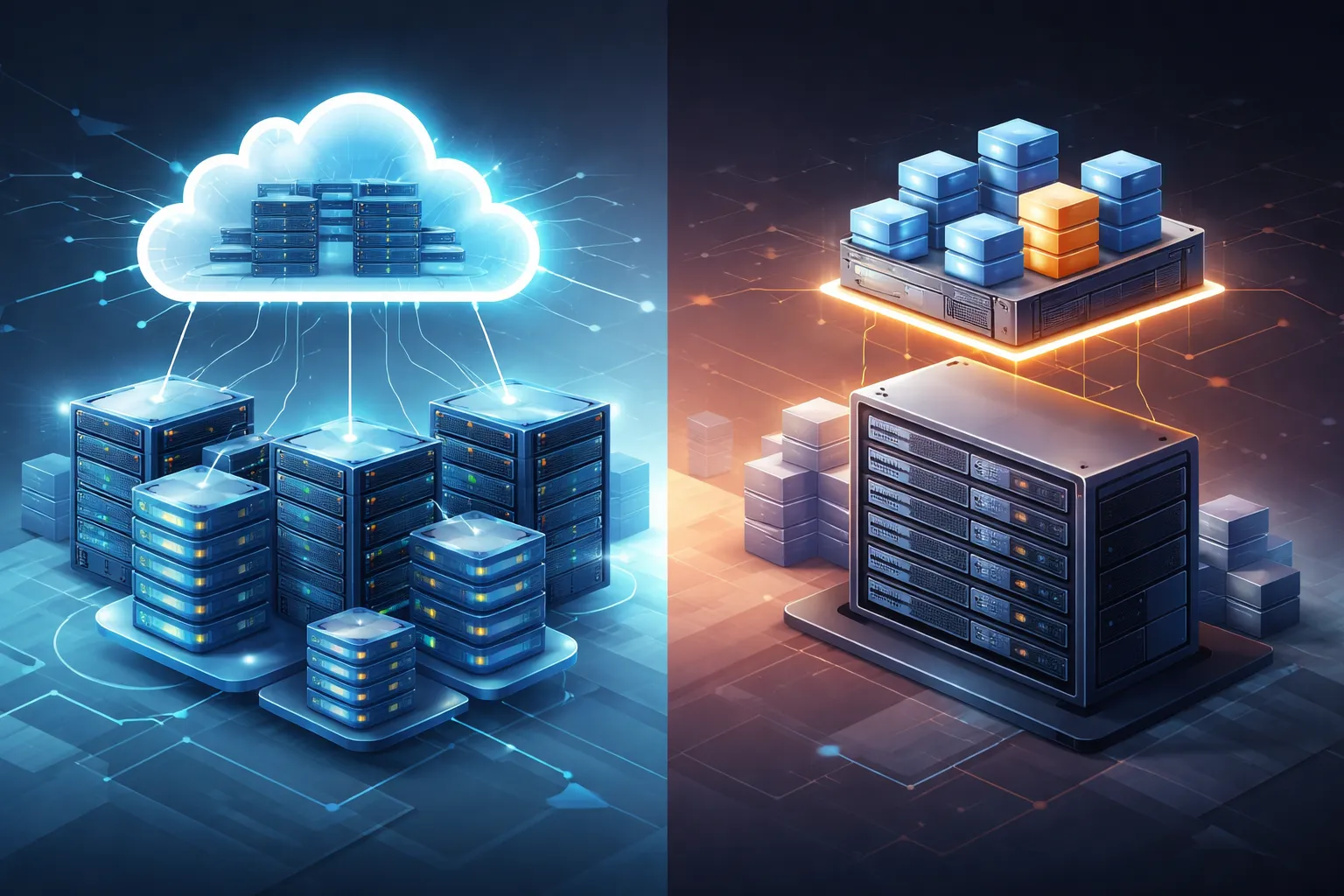 对比展示了云主机分布式架构与VPS单机架构的服务器系统图