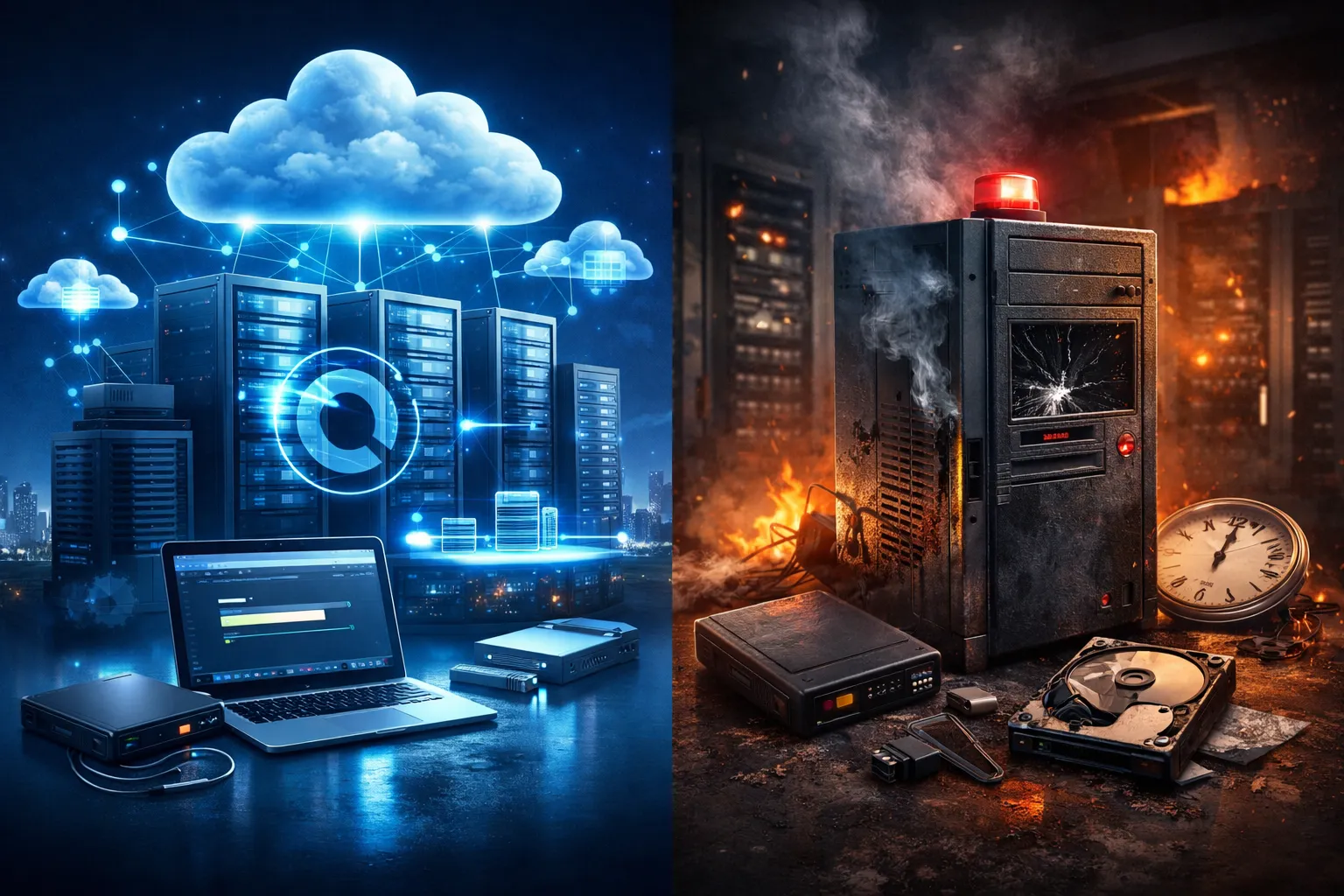 一幅分屏对比图，左侧展示现代云计算环境与数据中心，右侧显示受损的传统服务器和烧毁的硬盘设备。