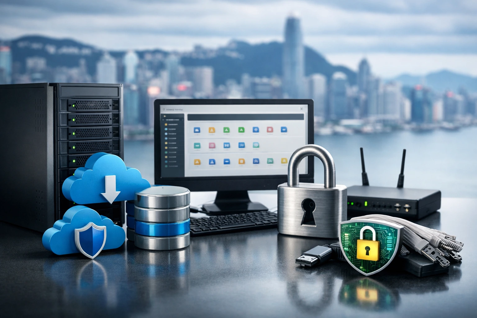 一组展示云服务器与安全组件的设备，背景为香港城市天际线