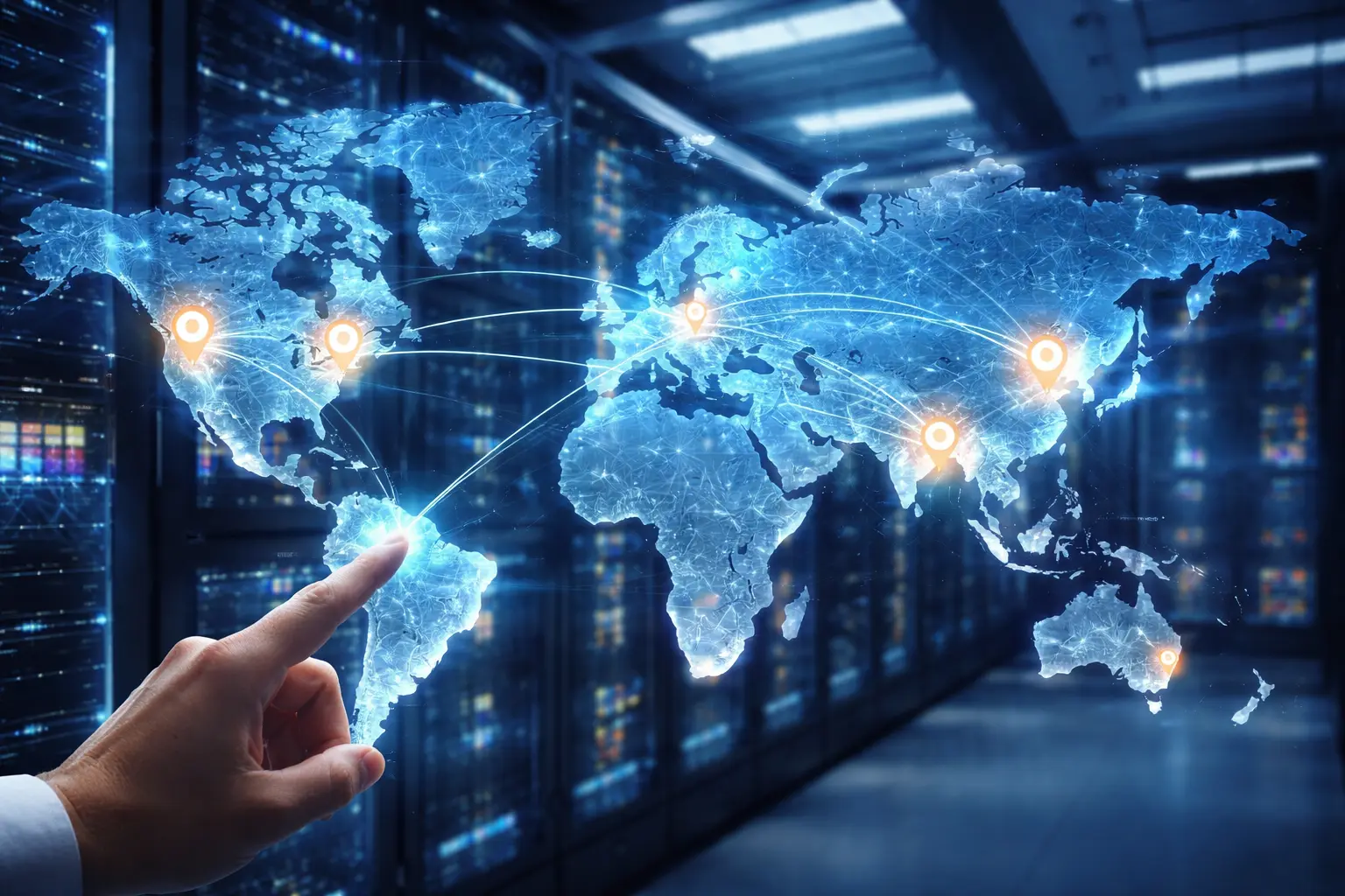 一只手指向全球地图上南美位置，背景为数据中心服务器机房，地图上标示多个区域连接的网络节点。