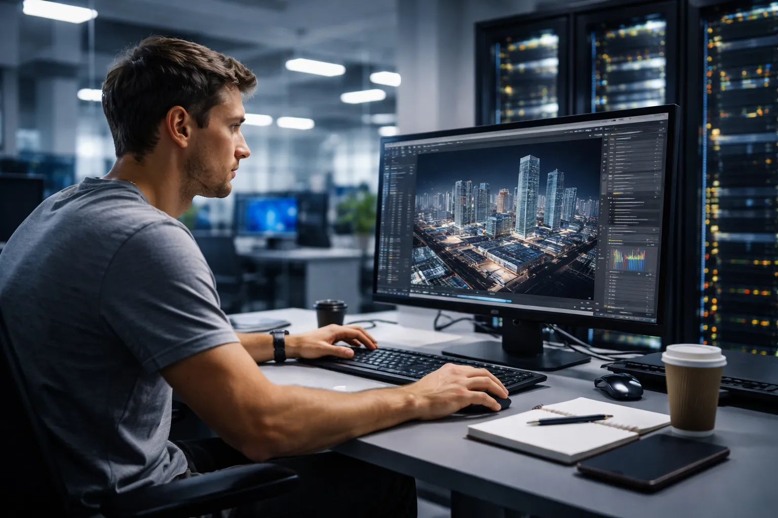 一名男子在办公室操作电脑，屏幕显示城市三维渲染图像，背景有服务器设备。