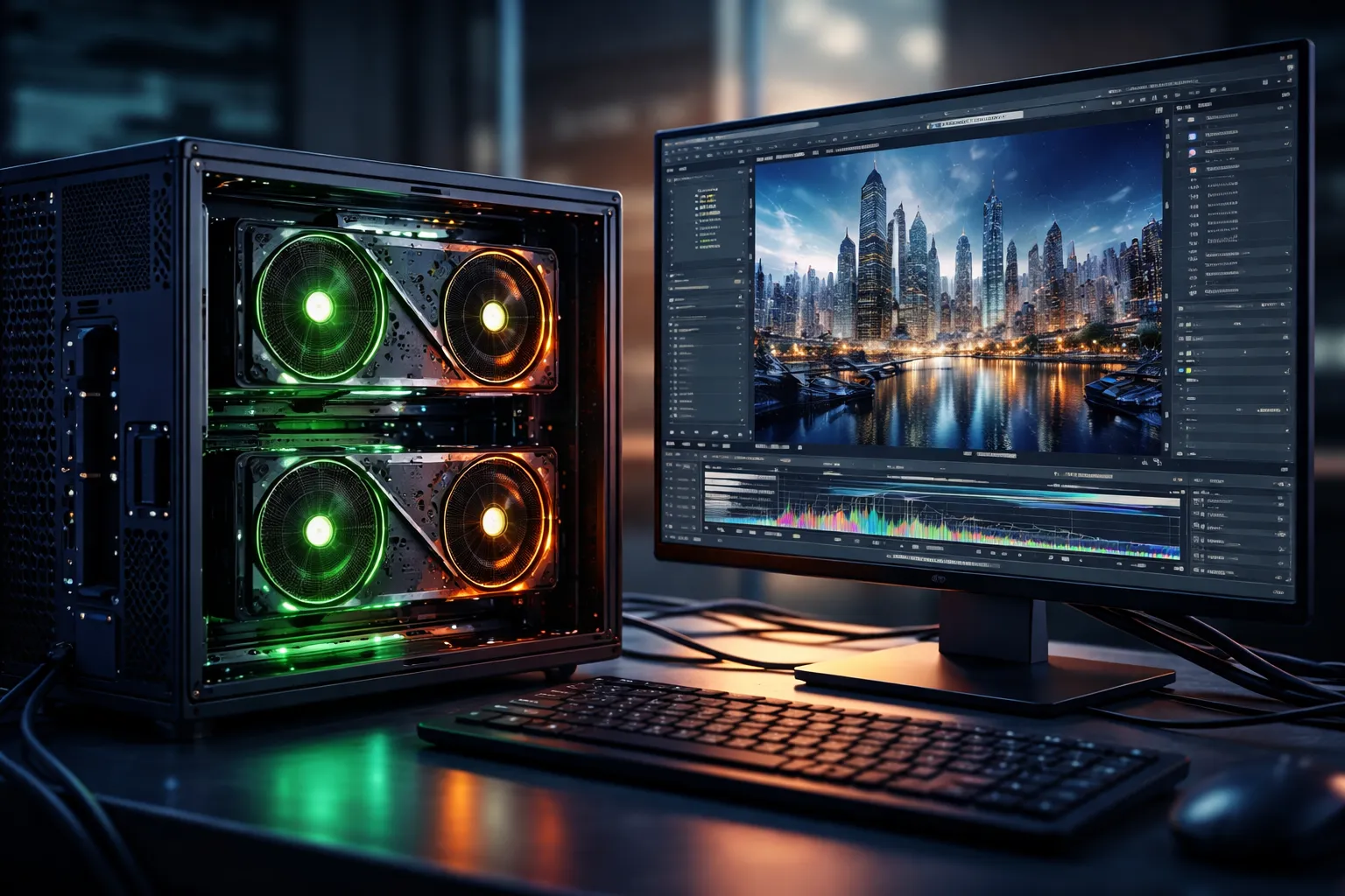 双GPU服务器与显示复杂城市景观的渲染软件界面