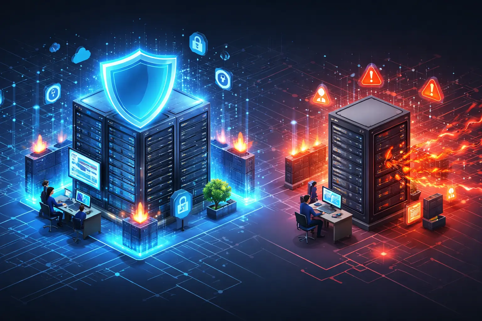 两个服务器系统对比图，左侧为受保护的服务器，右侧为遭受攻击的服务器