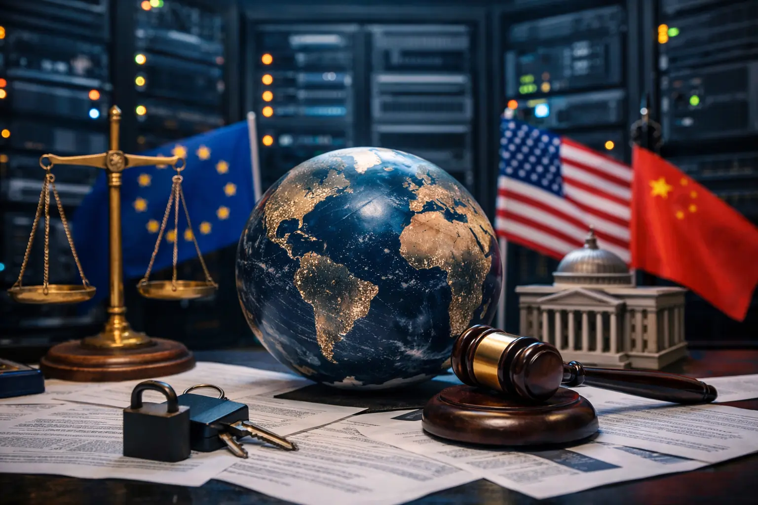 一张展示地球仪、天平、法槌、挂有欧盟、美国、中国国旗的服务器环境场景图