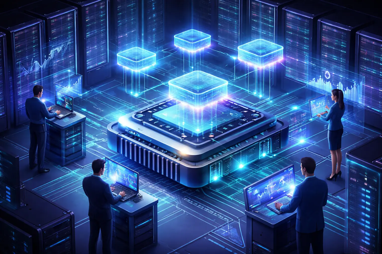 数据中心内一块中央GPU芯片周围浮现多个发光的虚拟GPU实例，四位专业人员在操作终端设备