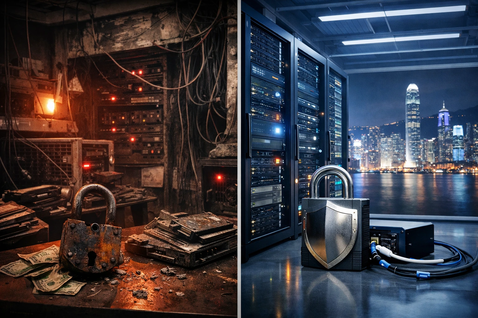 一侧为老旧服务器房间，另一侧为现代安全的数据中心，背景为香港城市夜景。