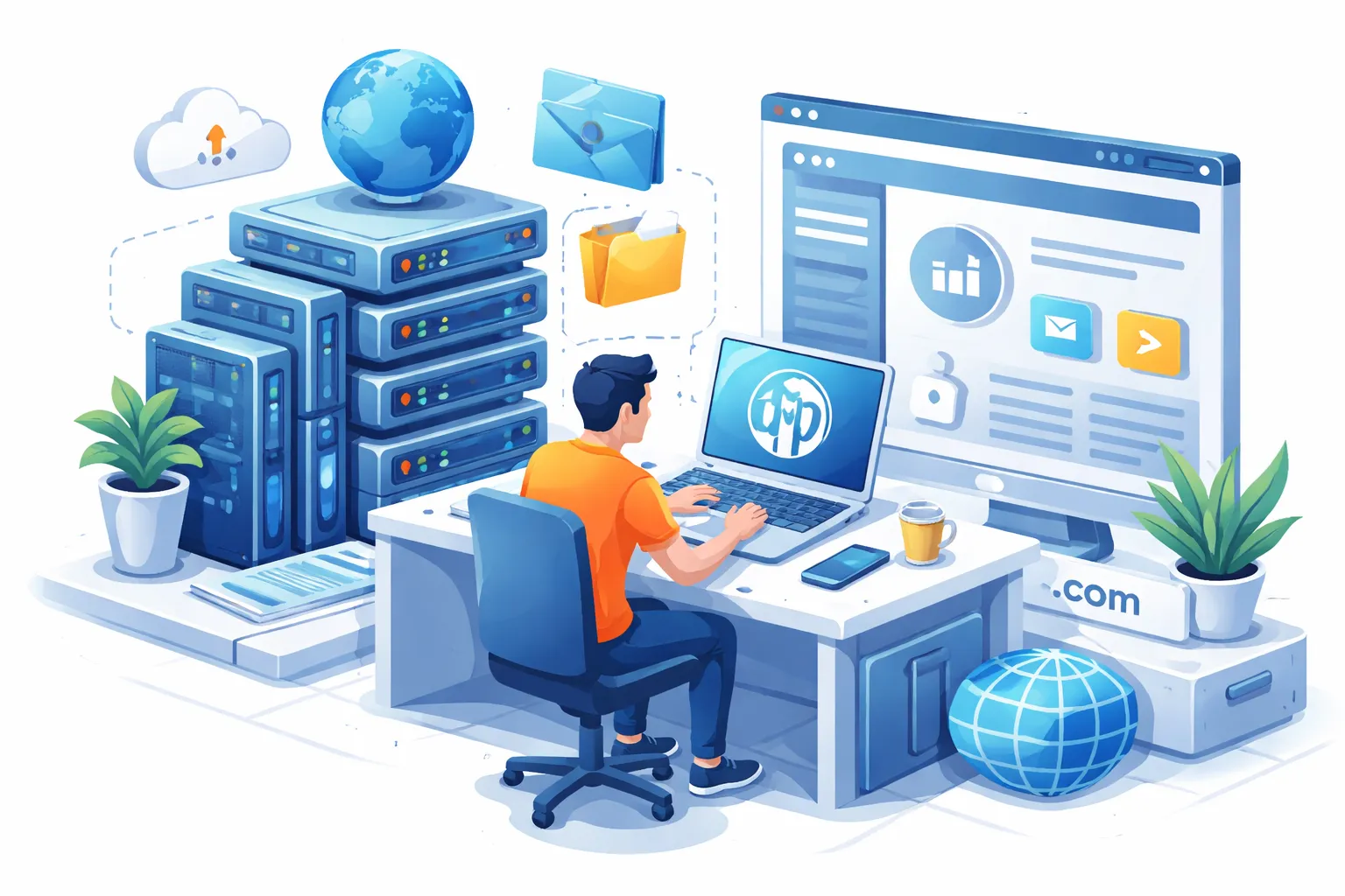 一位用户在办公桌前操作笔记本电脑，周围环绕着服务器设备和网站界面元素