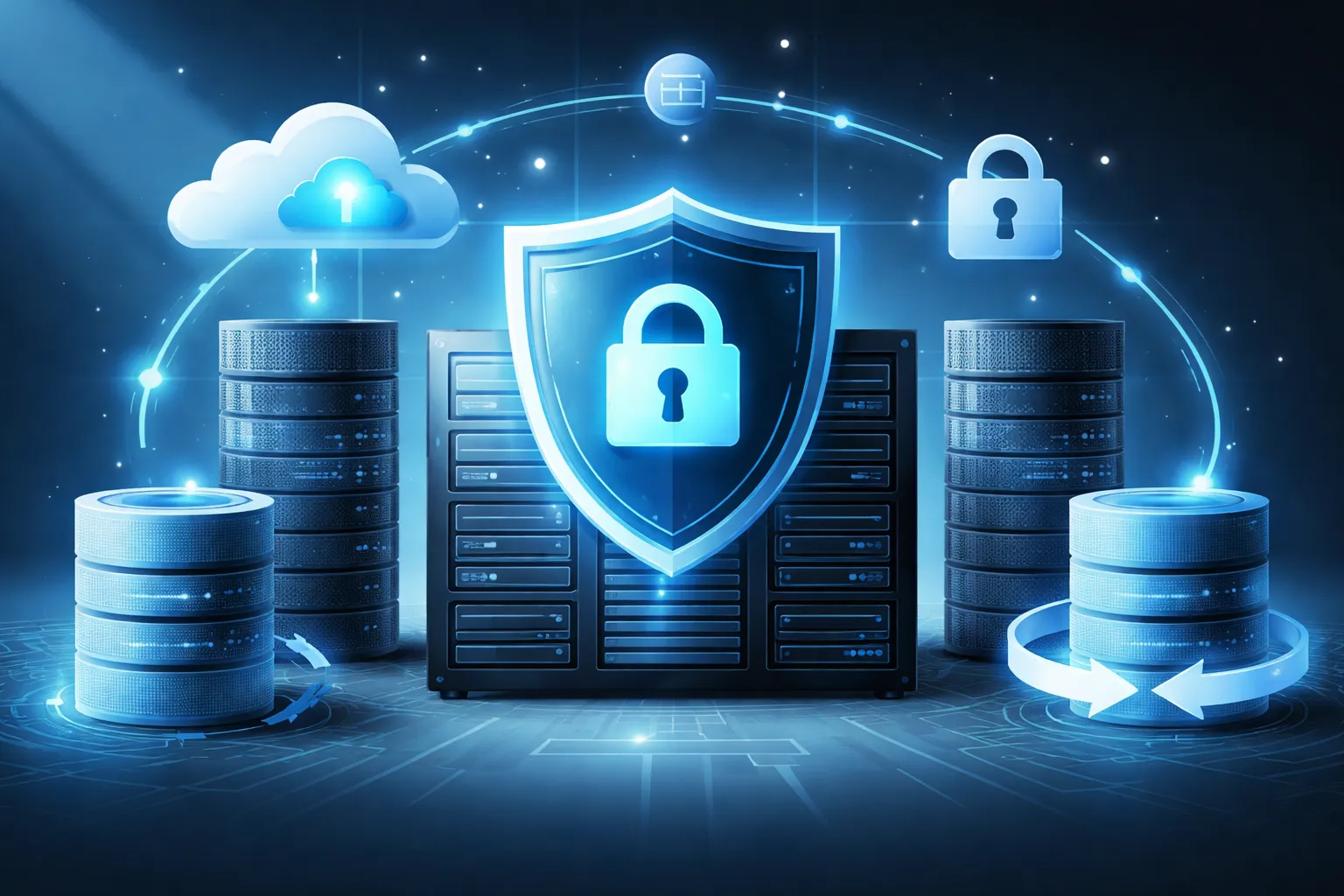 多组服务器与数据硬盘围绕中央带有锁标志的盾牌图案