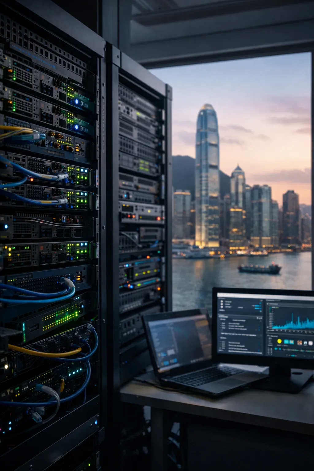 数据中心服务器机架与香港城市天际线