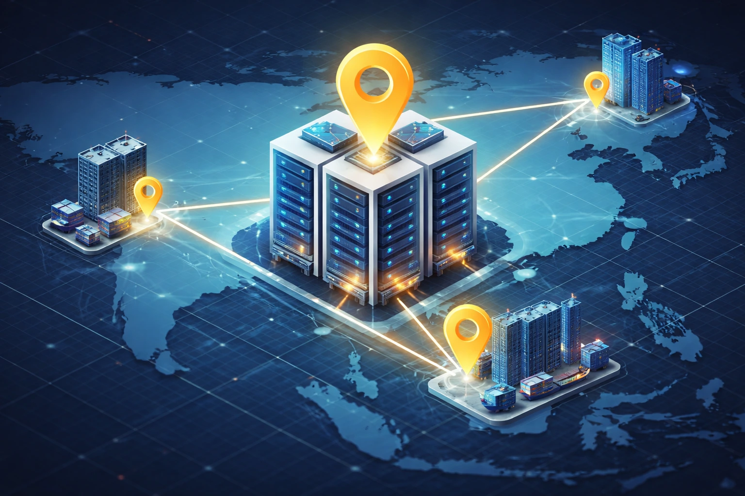 一张展示多个服务器机房之间互联的等距插画，标注有地理定位图标的城市节点通过网络线路连接