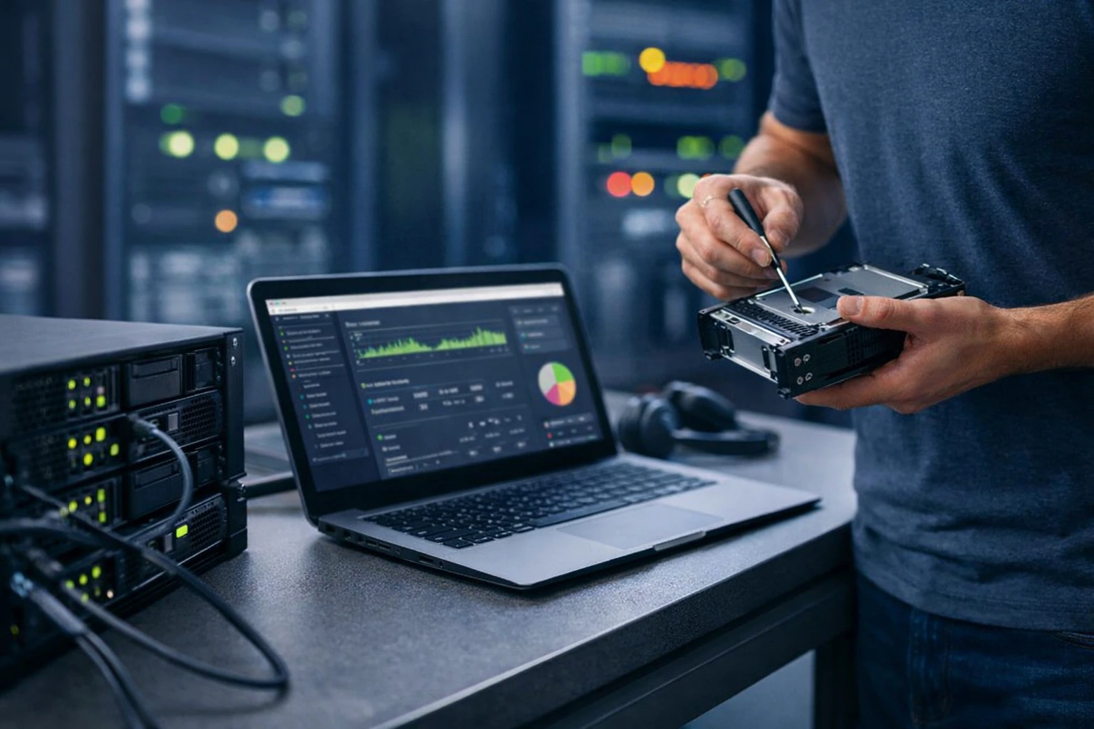 一位技术人员在服务器机房中使用螺丝刀操作硬盘，旁边的笔记本电脑显示系统监控界面