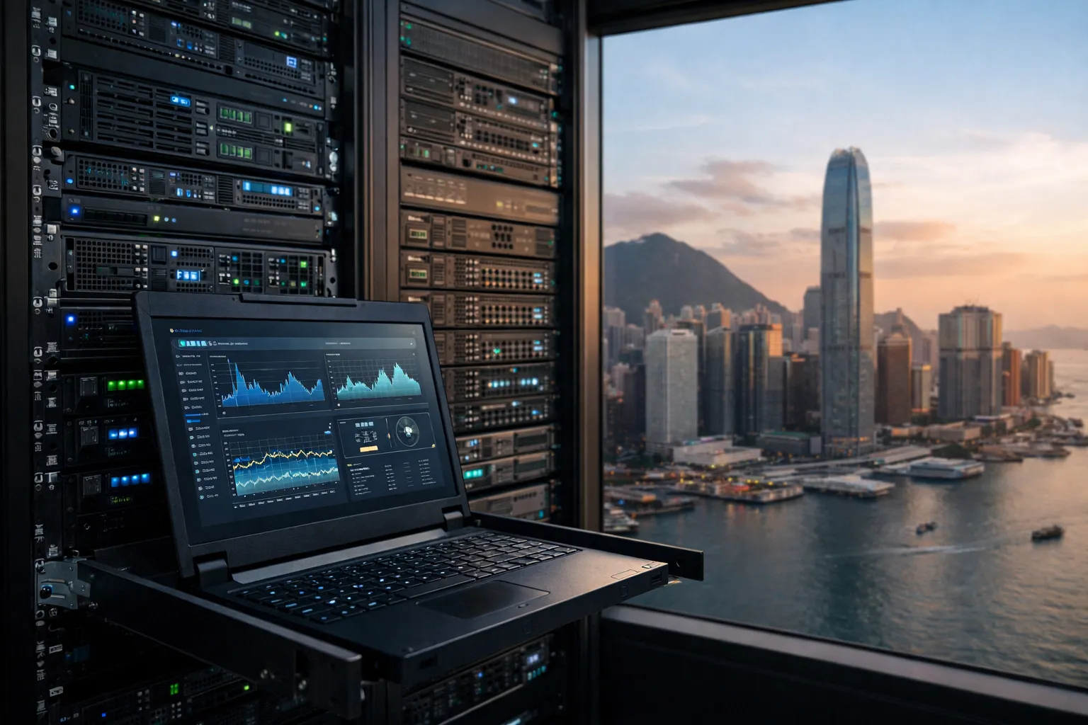 一台展示数据图表的笔记本电脑放置在机房服务器机架前，窗外为香港城市天际线与海港景观。