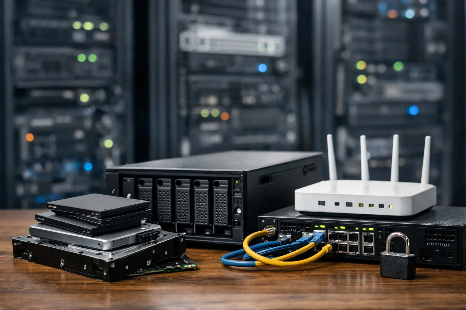 数据中心内多排服务器机架整齐排列，灯光明亮